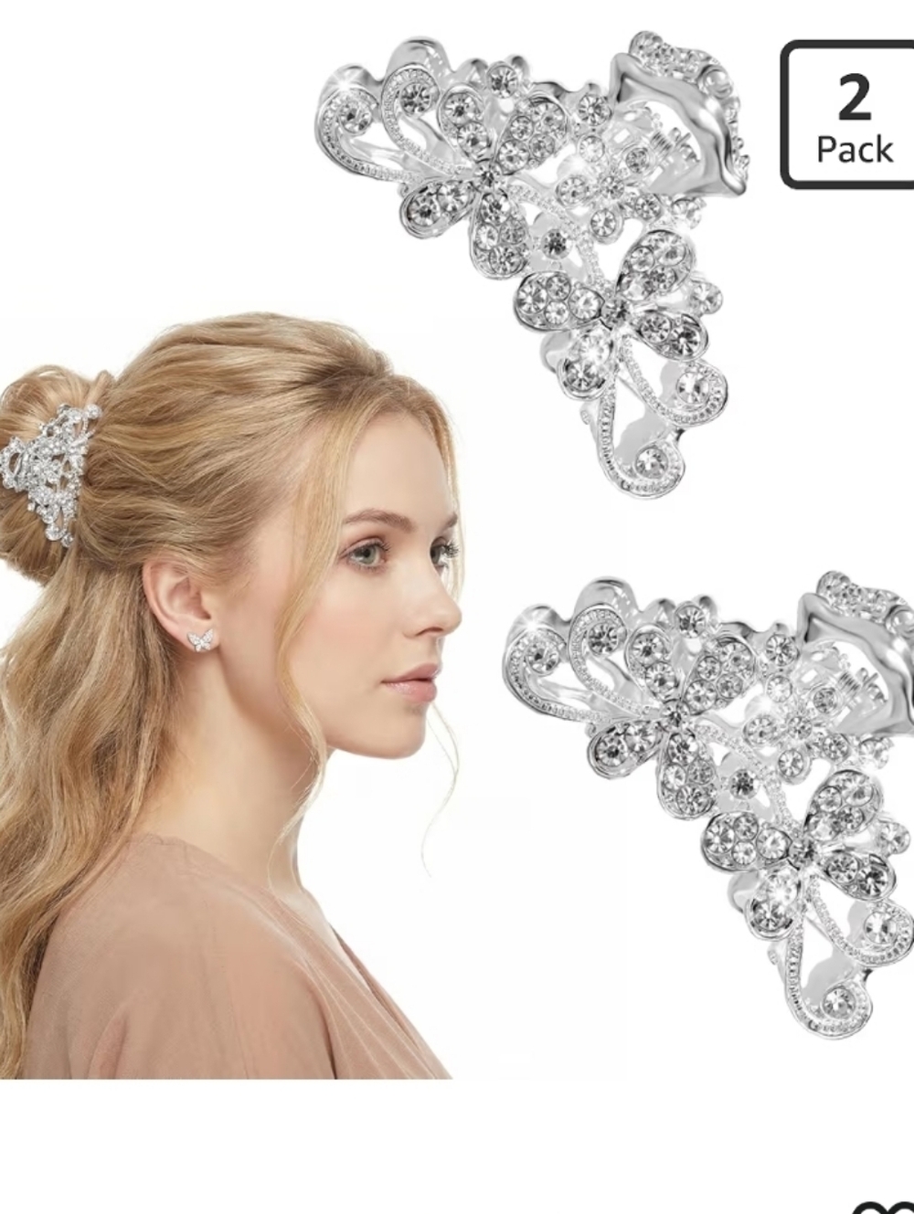 Silver Rhinestone Flower Hair Clips - 2 Pack
